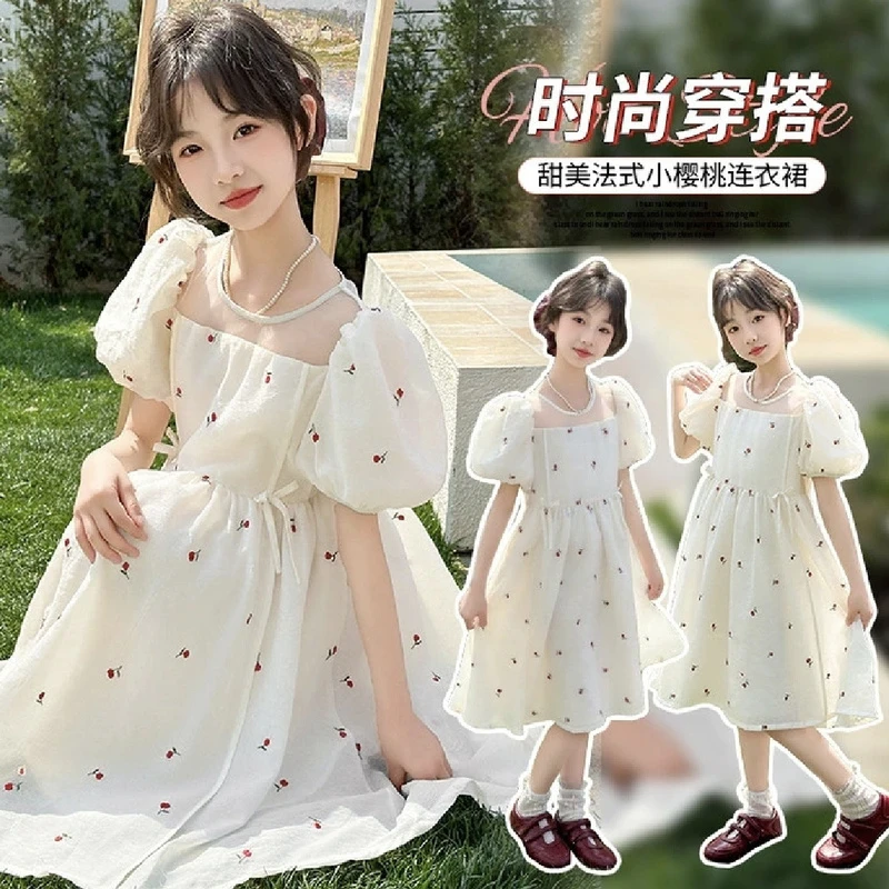 【裙子】儿童夏季甜美蝴蝶结小樱桃泡泡袖连衣裙021  LCMCN