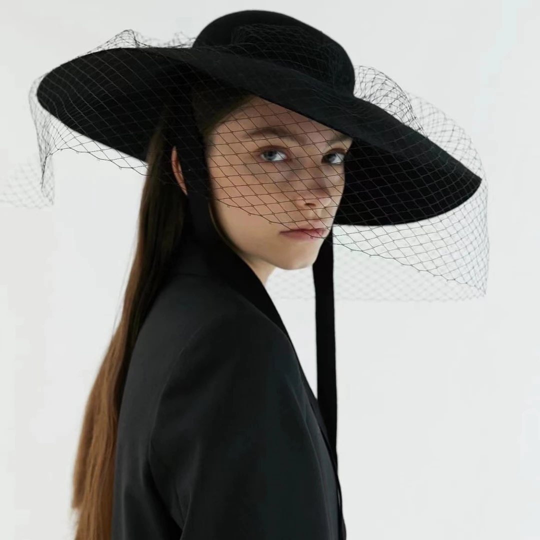 秋冬新款圆顶羊毛毡大檐蝴蝶结蕾丝装饰礼帽户外凹造型拍照礼帽