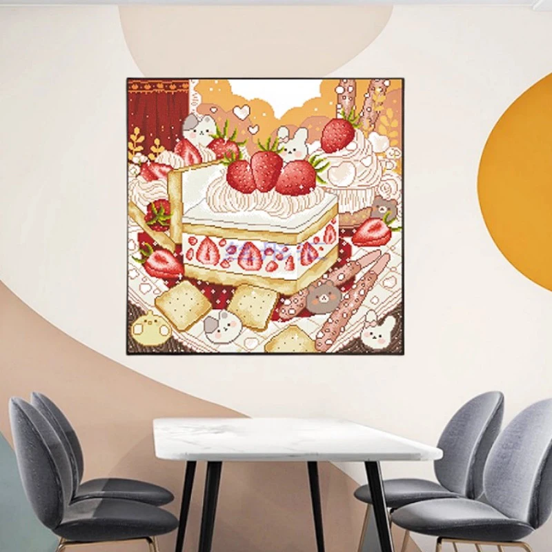 纯手工绣好的十字绣成品320草莓蛋糕装饰画