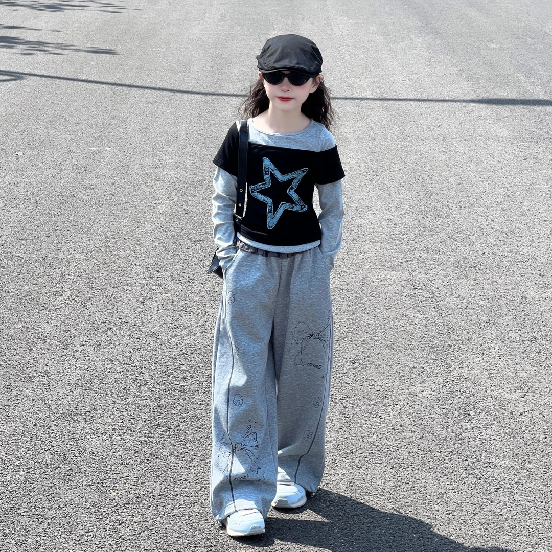 初中生穿搭女童女孩6-12岁潮款套装T恤卫裤儿童秋季2025新款爆款