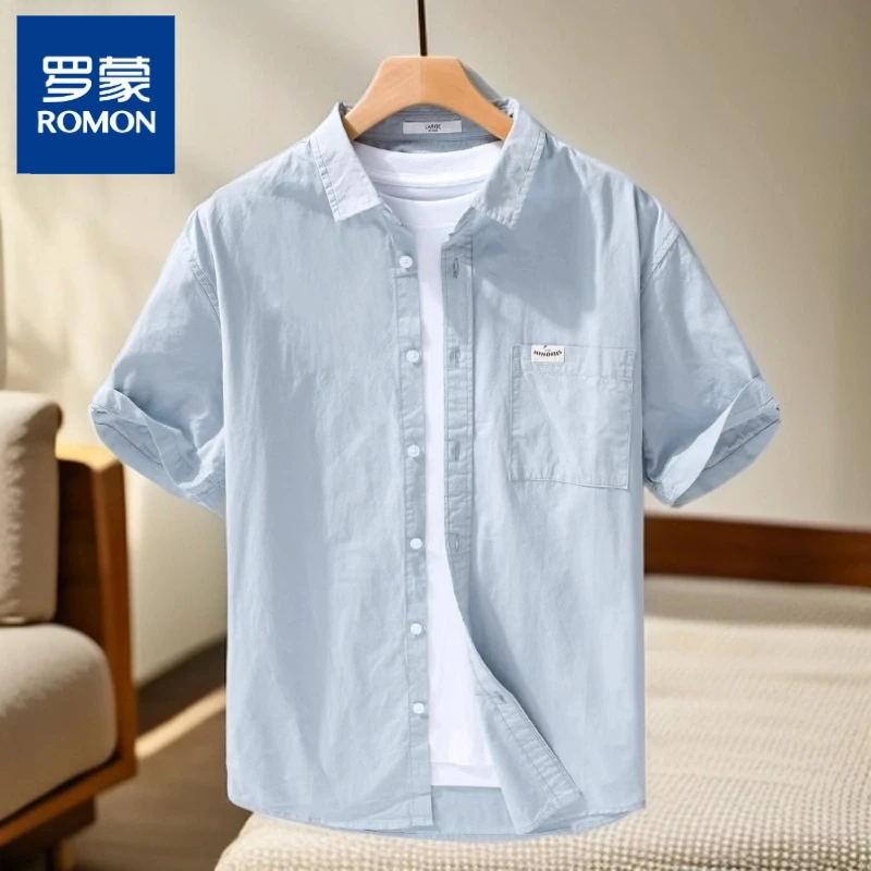 罗蒙纯棉短袖衬衫男2025新款夏季薄款修身日系复古长袖百搭衬衣男