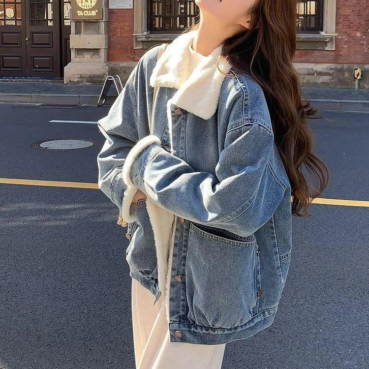 复古仿兔绒牛仔外套女秋冬季加绒加厚韩版宽松百搭上衣
