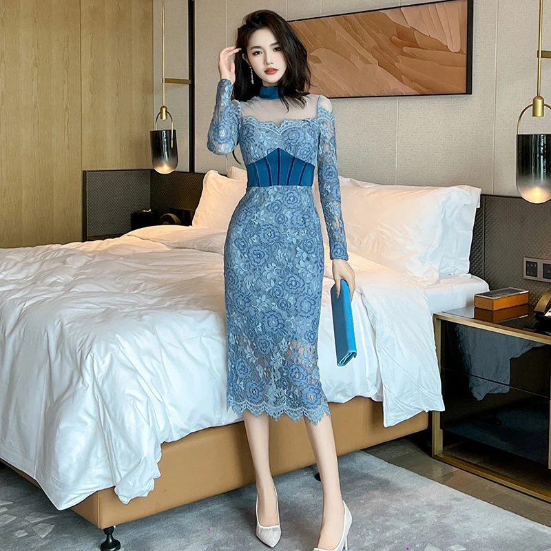 婷婷衣恋20767秋季新款时尚法式设计感拼接修身包臀蕾丝连衣裙