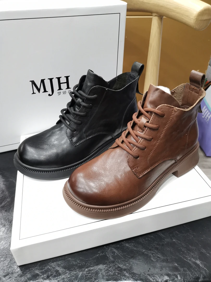 梦娇花女鞋头层牛皮马丁靴单层牛皮低跟软皮圆头系带低帮靴子女