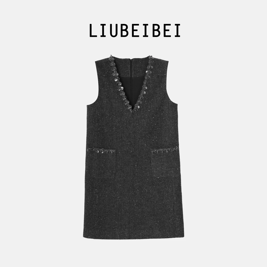 LIUBEIBEI【高贵典雅】新款设计师款法式高级感名媛V领连衣裙-8571