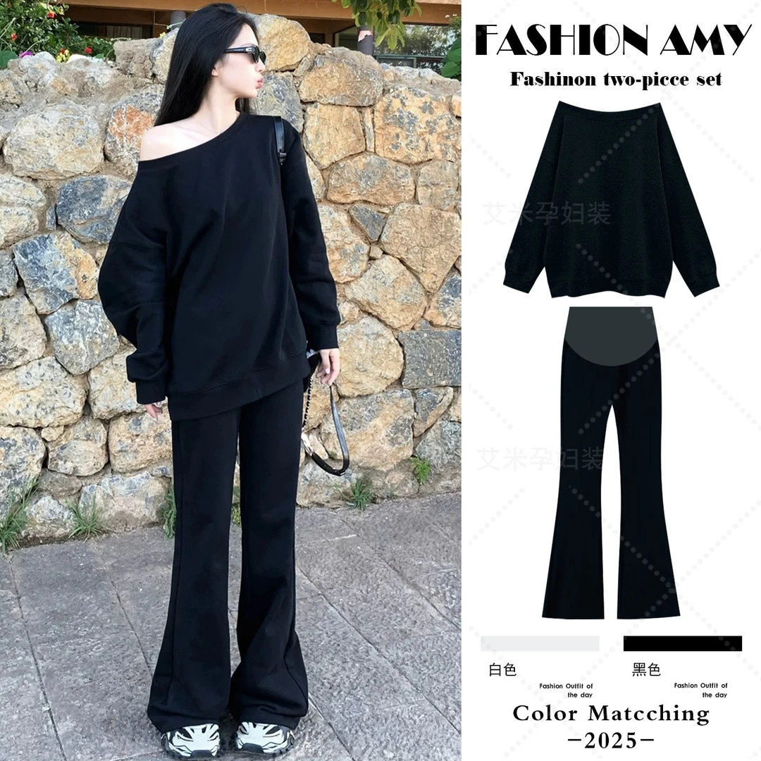 孕妇套装秋装新款时尚韩版宽松慵懒松弛一字肩长袖卫衣显瘦喇叭裤