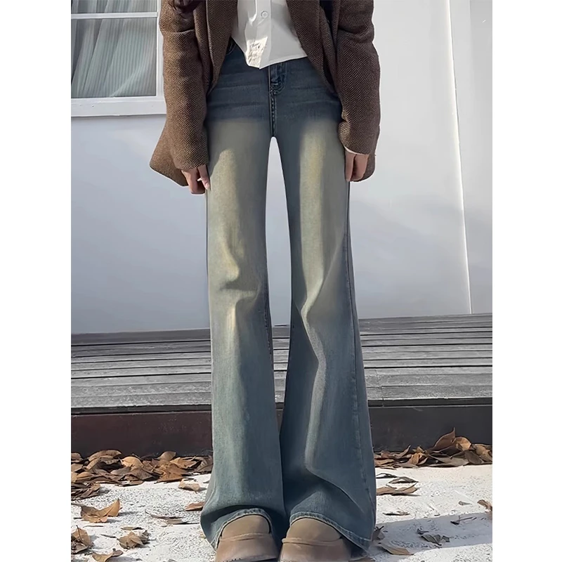 【现货+运费险】复古蓝微喇牛仔裤女秋梨形身材高腰弹力显瘦喇叭裤