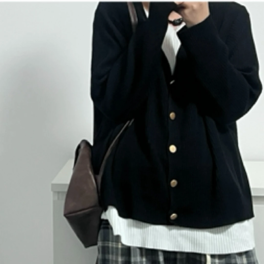 【PAOMIAN】私服韩系新款慵懒复古假两件针织黑上衣宽松胖mm时尚