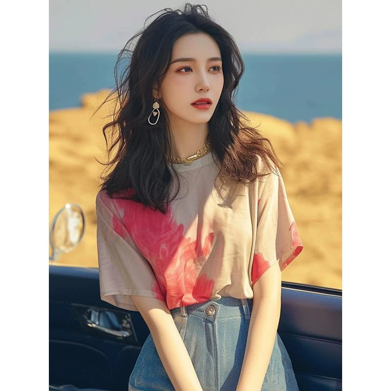 洋气独特超好看别致绝美漂亮宽松小上衣杏色晕染正肩短袖t恤女夏