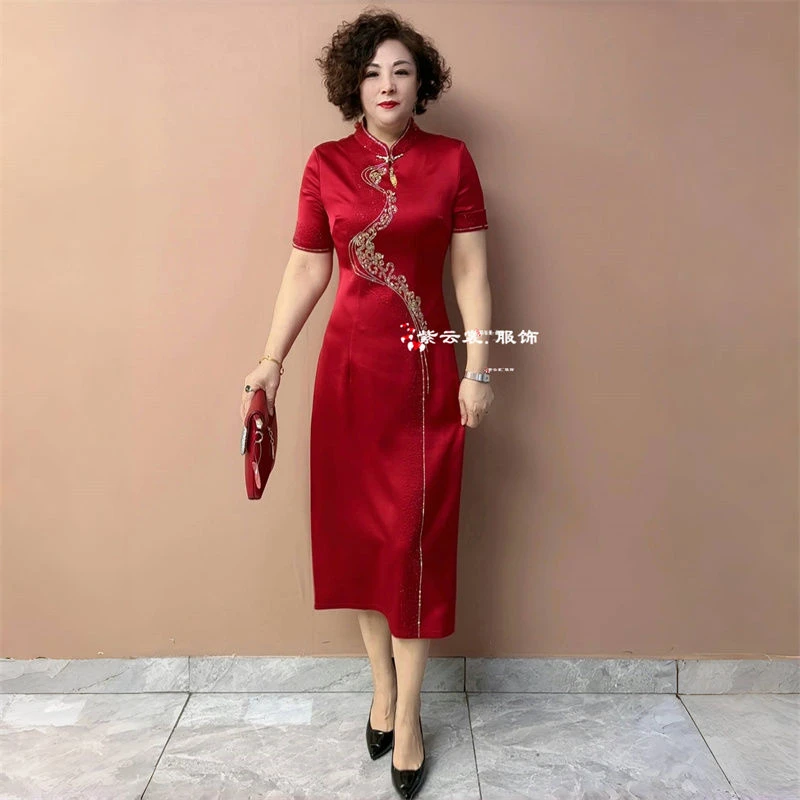夏季新款短袖妈妈装婚宴礼服旗袍喜婆婆敬酒服大码长款连衣裙