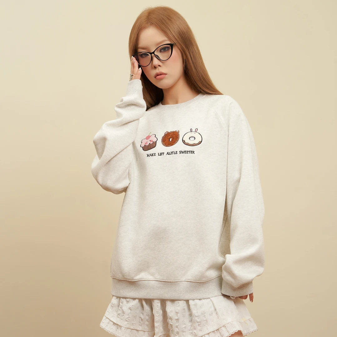 Dookii可爱甜品毛巾绣甜甜圈圆领宽松卫衣DK1002