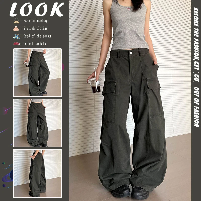 2025美式复古深灰色褶皱工装裤女设计感宽松休闲阔腿多口袋长裤子