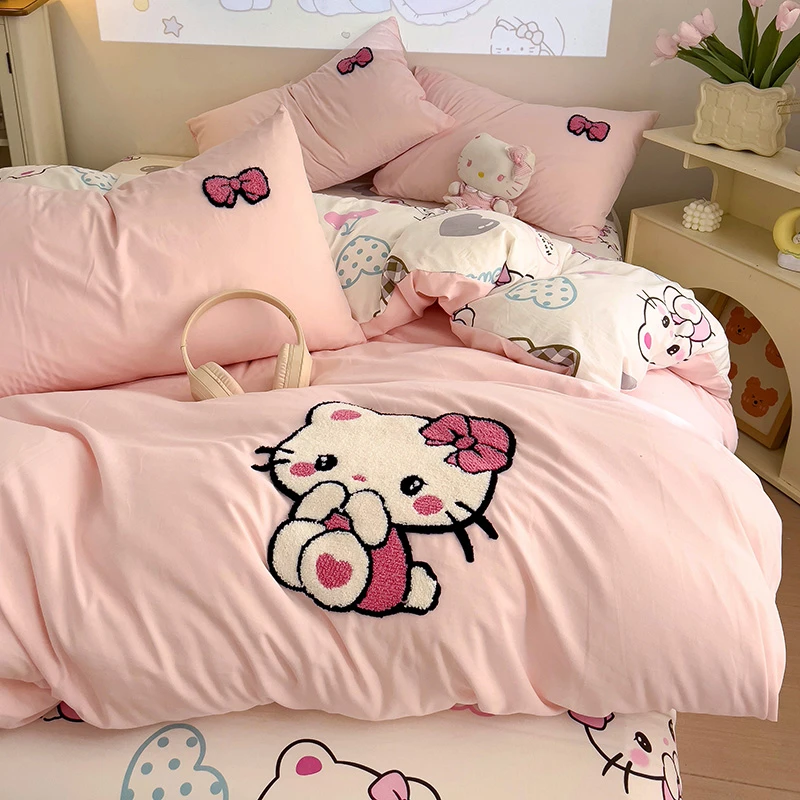 2025新款A类水洗棉毛巾绣四件套可爱床单被套被罩床上用品三件套4
