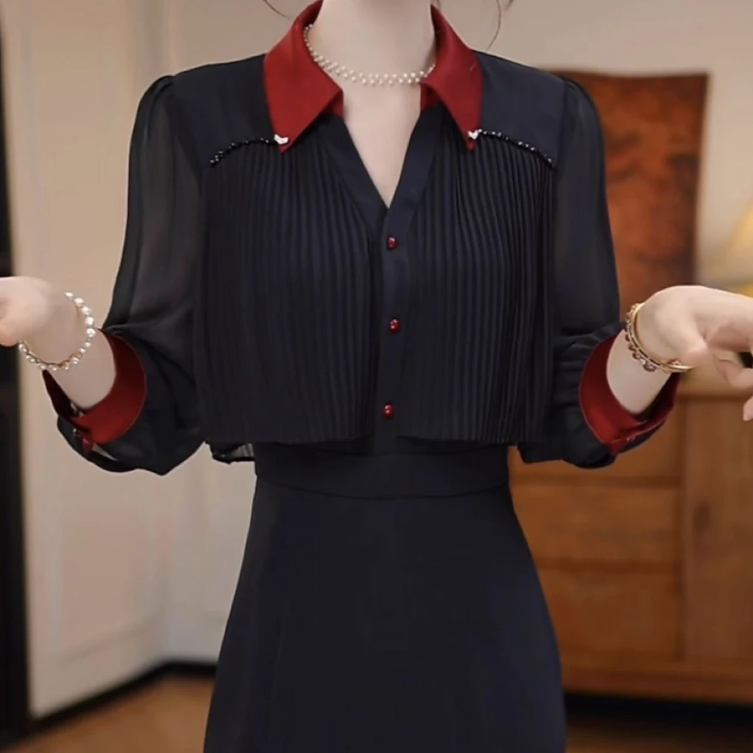 高级冰雪丝气质洋气奢华高贵连衣裙2025秋季新款修身遮肚显瘦裙子