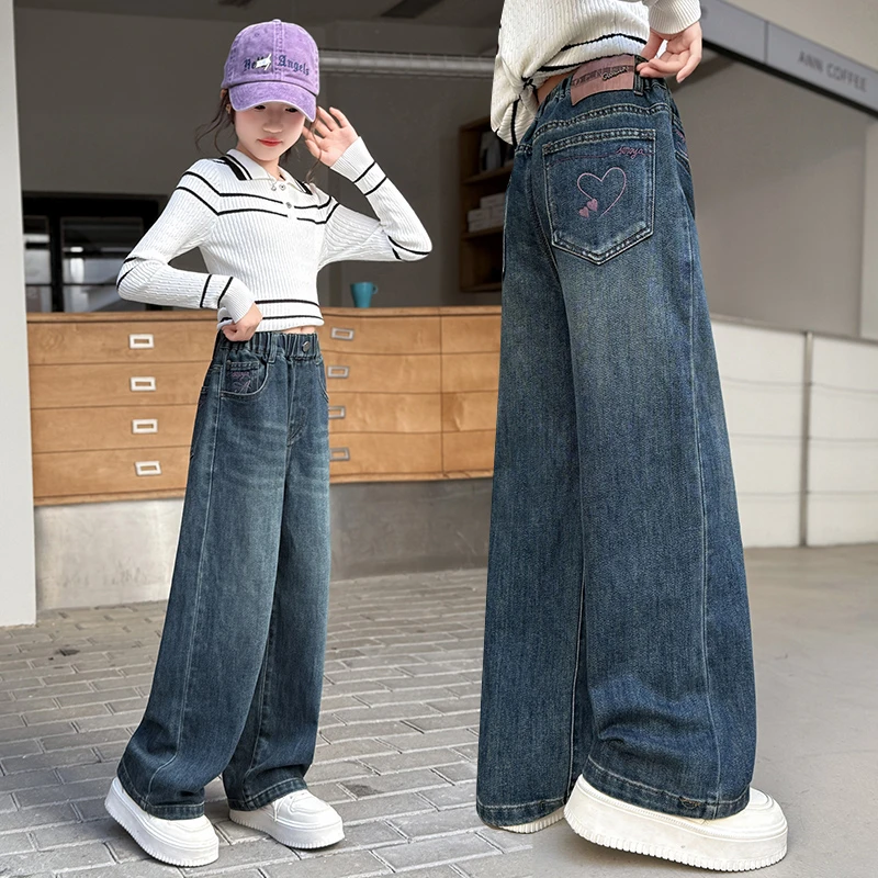 女童秋季牛仔阔腿裤2025新款儿童时髦洋气裤子6-12岁女孩宽松长裤