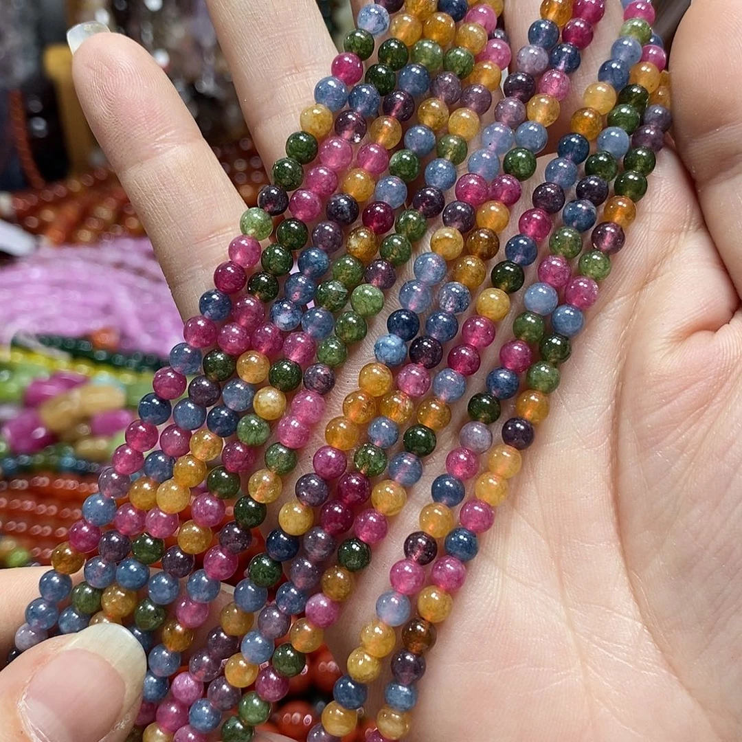 玛瑙/玉髓未镶嵌珠宝半成品碧玺圆珠一条卡4mm