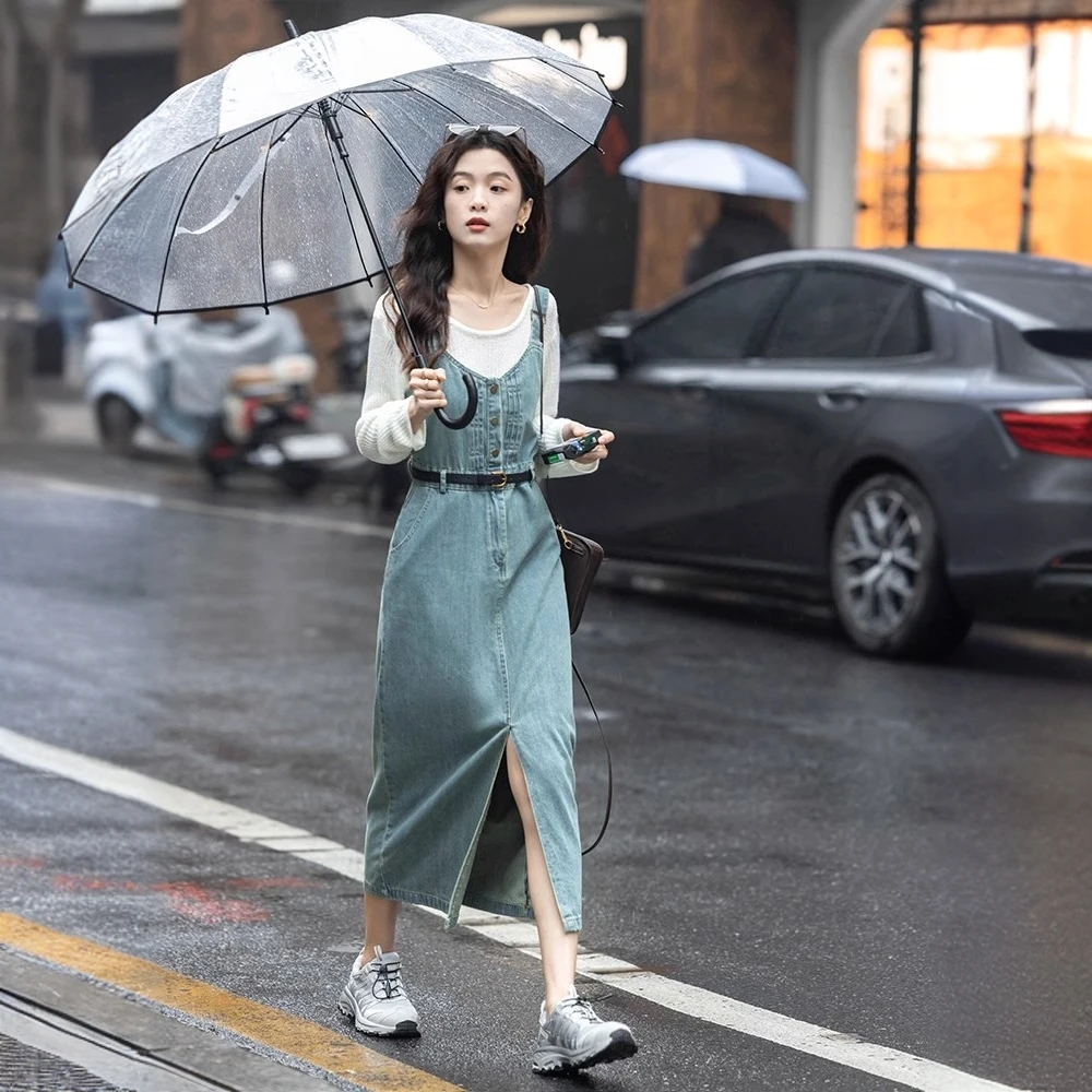 复古牛仔背带裙2025春秋新款小个子百搭收腰显瘦开叉背心裙两件套