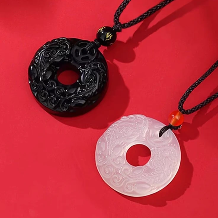 天然黑曜石如意貔貅吊坠男女士情侣款玉髓玛瑙貔貅平安扣项链礼物