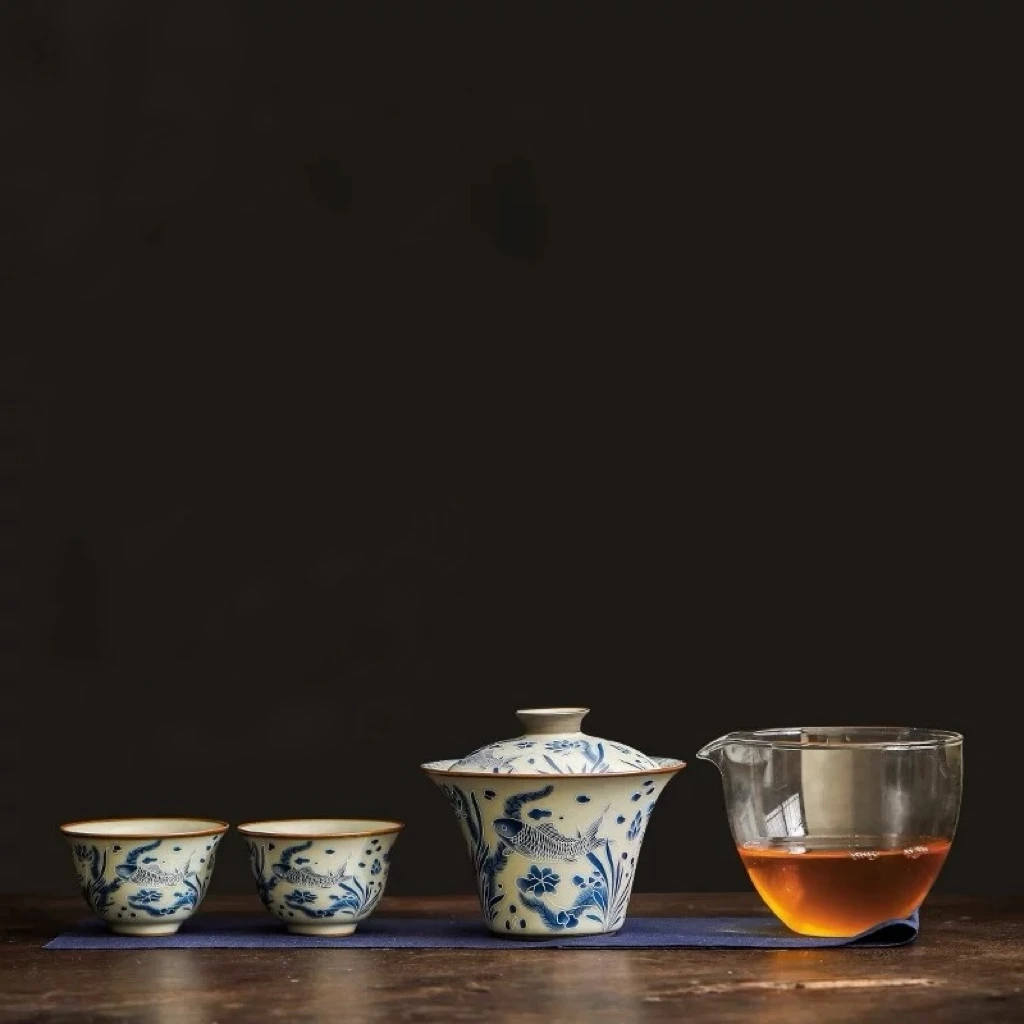 青花掐丝银鱼藻纹旅行便携户外快客杯精致车载露营泡茶器套组@979