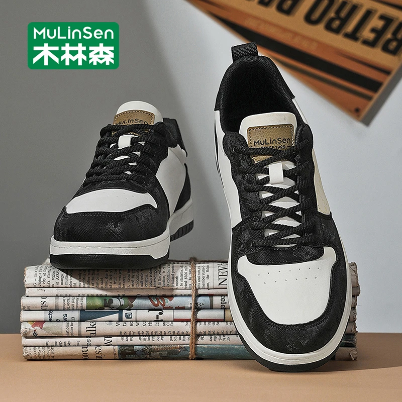 木林森黑白板鞋男鞋秋季新款青少年百搭潮鞋厚底耐磨运动休闲鞋男