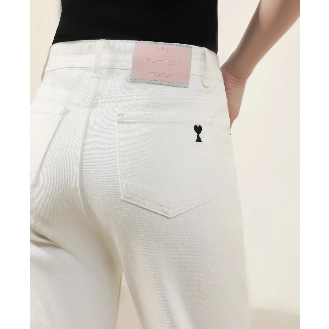 2025新款白色牛仔裤小设计窄版高腰直筒阔腿时尚百搭后袋蝴蝶结