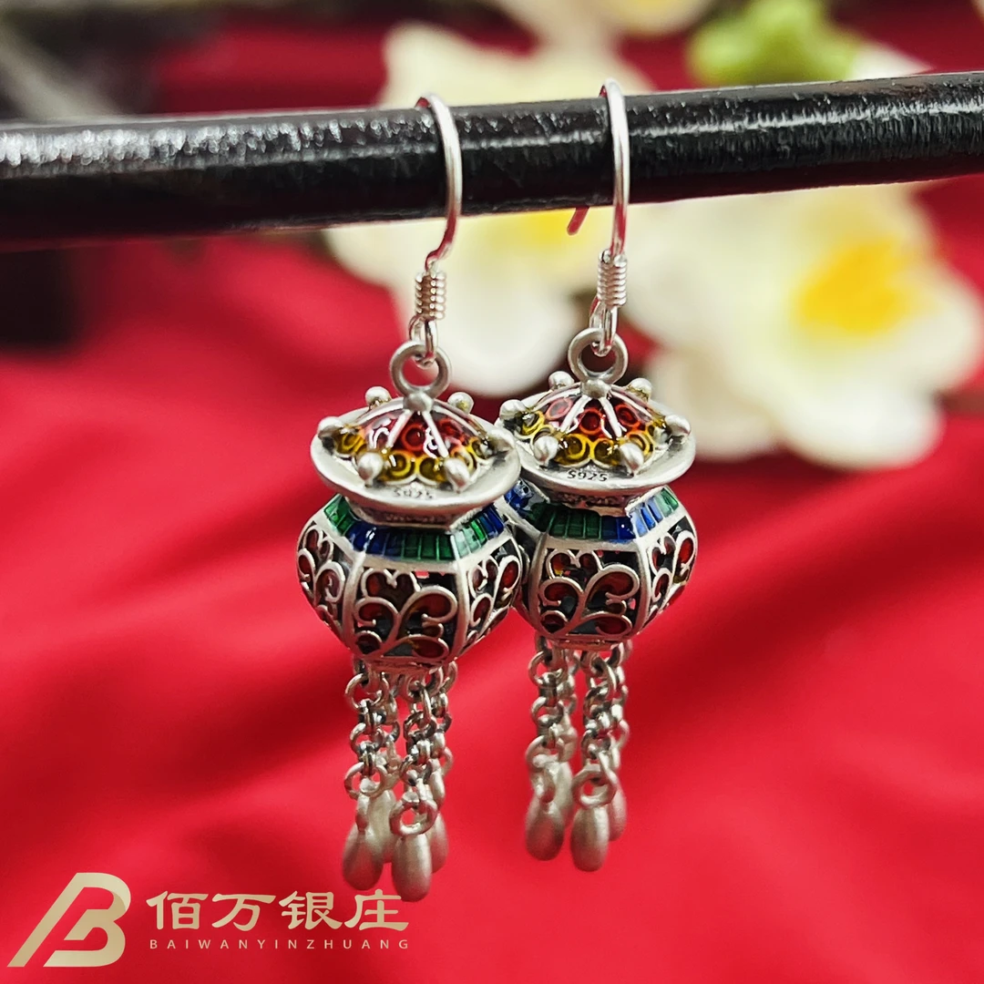 925银耳饰 【佰万银庄】S925银宫灯唐草纹流苏珐琅彩镂空耳坠