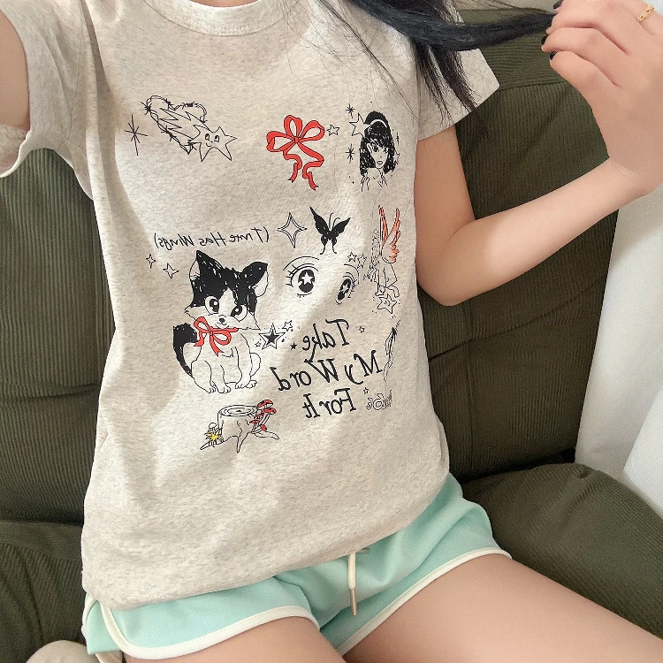 甜美动漫印花短袖睡衣女款2025新款家居服夏季短裤套装大码可外穿