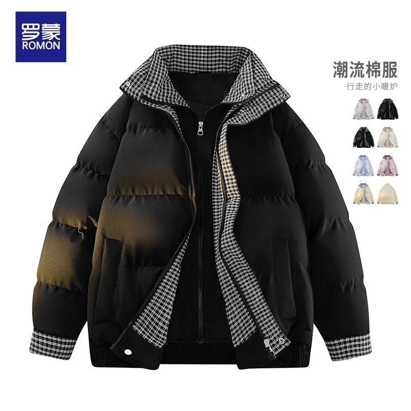 Romon/罗蒙新款冬季假两件棉服男格子立领情侣款宽松棉衣保暖外套
