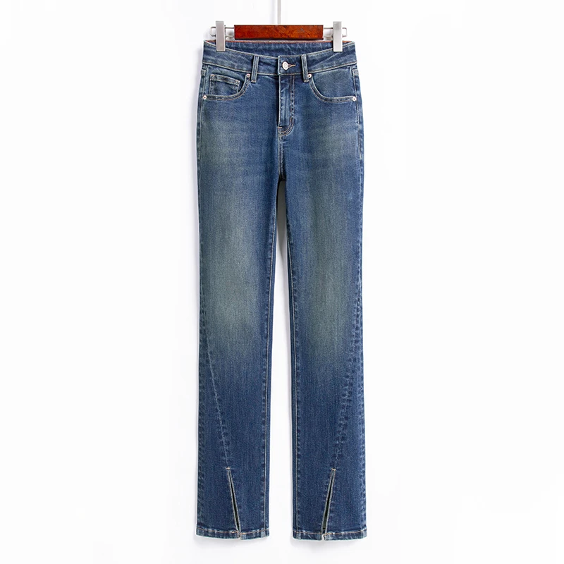 Uu.显腿长显瘦小直筒开叉筷子牛仔长裤QC11234L