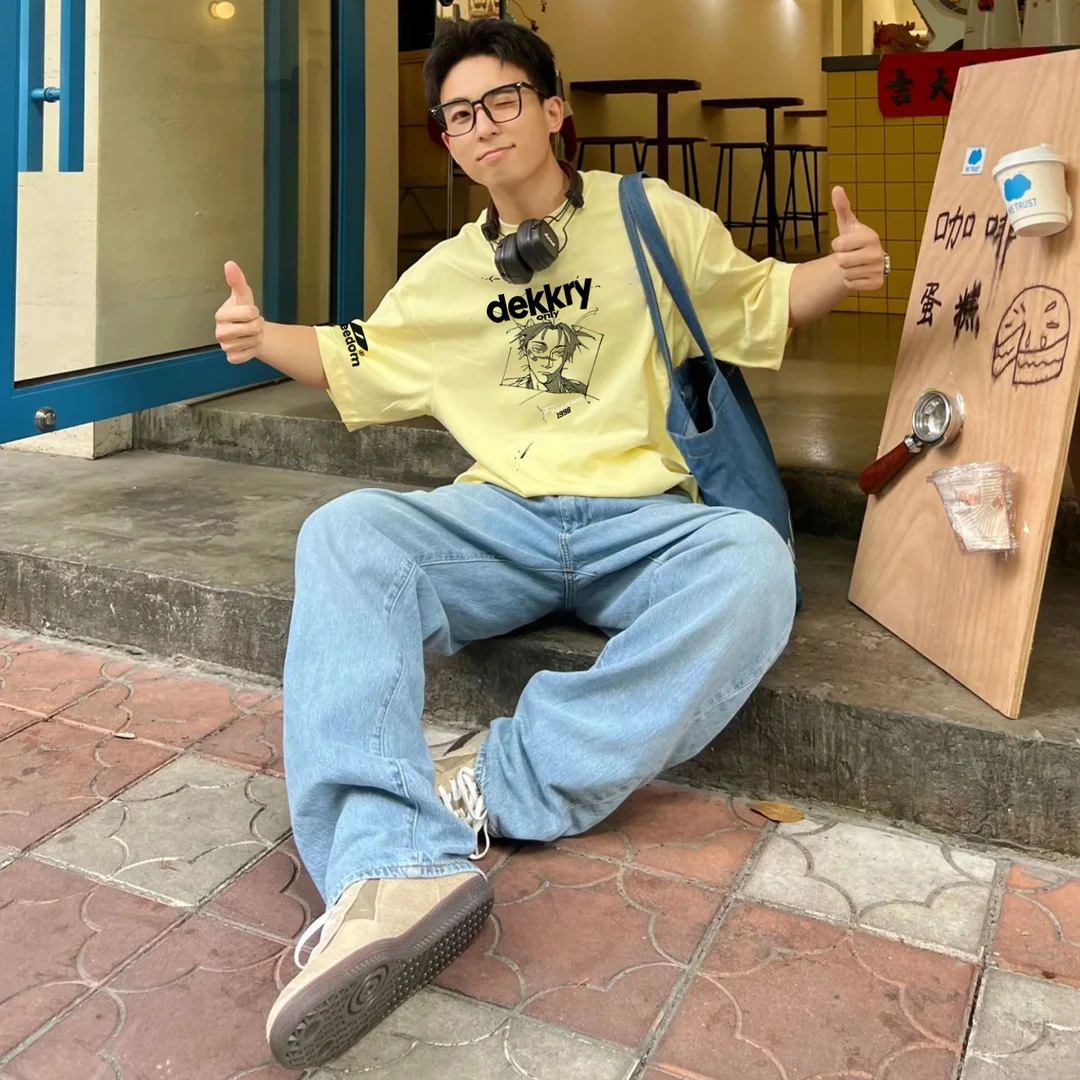 100%美式潮牌卡通人物字母印花短袖T恤夏季男女奶黄色休闲上衣ins
