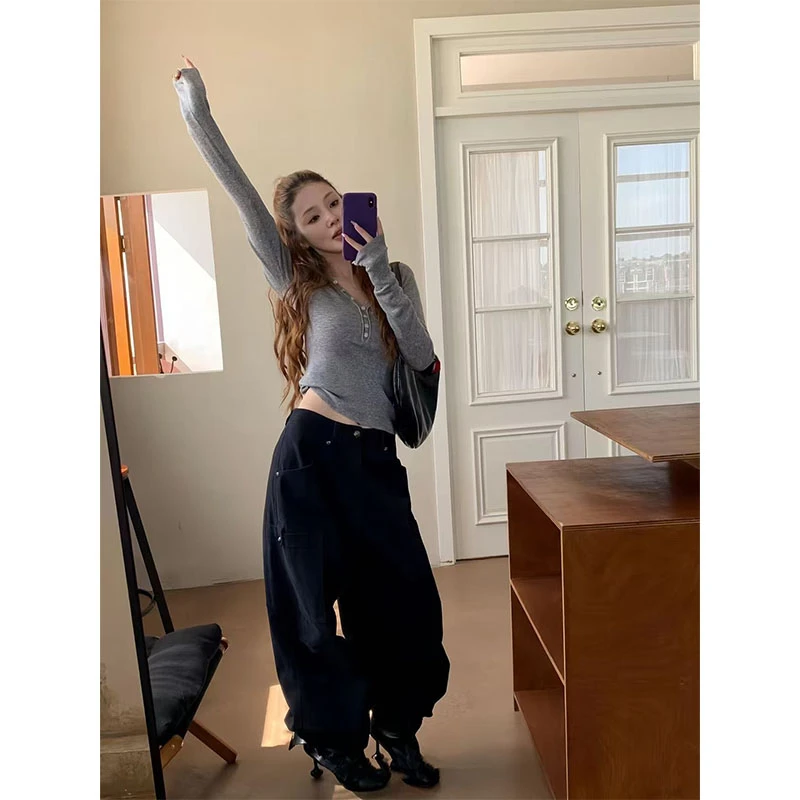 秋冬新款设计感小众洋气灰色长袖上衣高压垂感修身显瘦直筒裤长裤