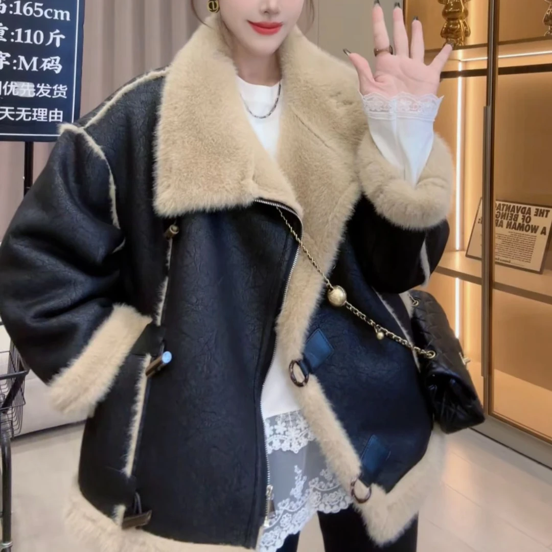 【小雪严选】冬季皮毛一体机车服女加厚毛毛气质减龄女时髦外套