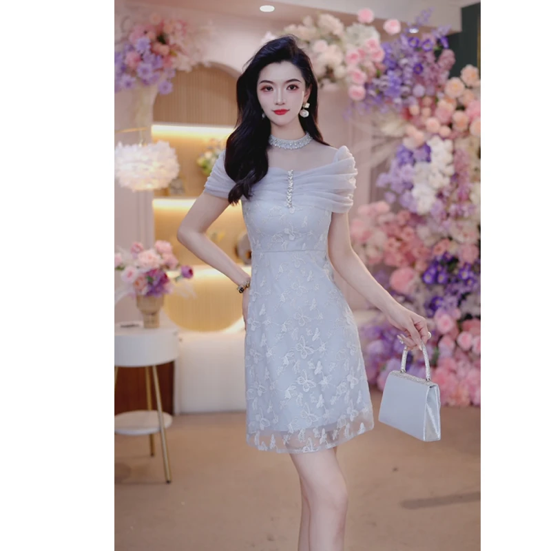 优雅高级感镶钻连衣裙女法式蕾丝网纱刺绣新款夏季名媛A字裙6127