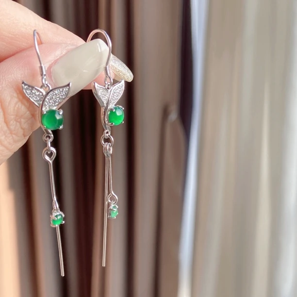 【元满】鱼尾流苏耳饰 冰阳绿翡翠蛋面 国标S925银镶嵌小众设计高级