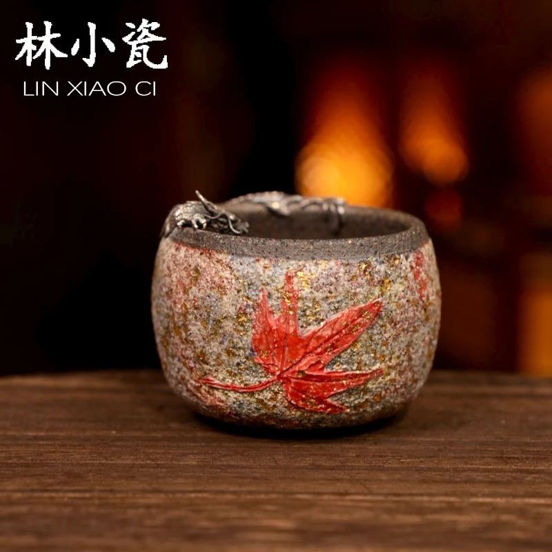 林小瓷高越岩矿大叶宏图盘龙主人杯七彩岩矿茶杯柴烧日式手作