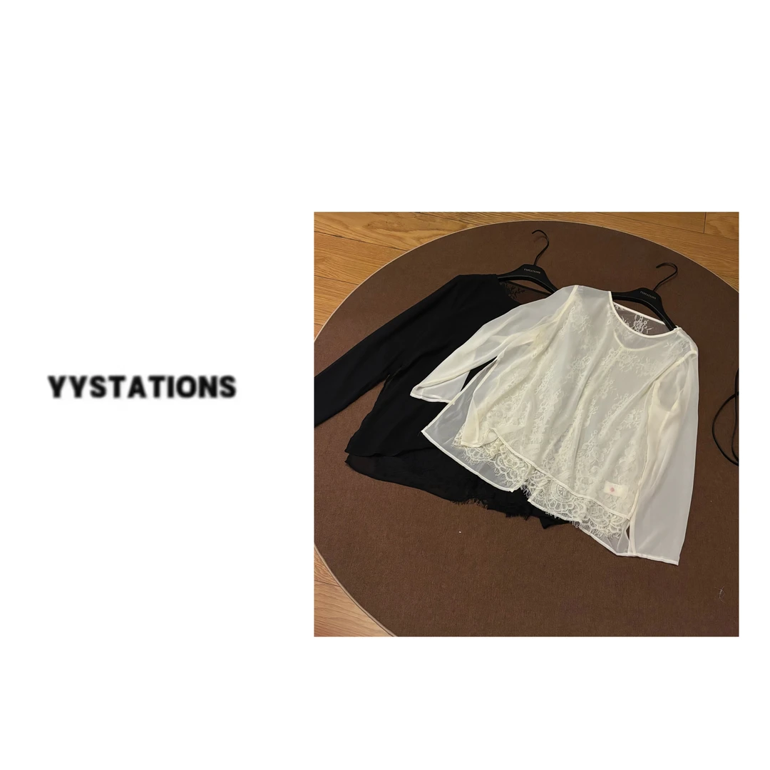 YYSTATIONS 【魅力女神！】圆领宽松拼接蕾丝假两件长袖衬衫-8128