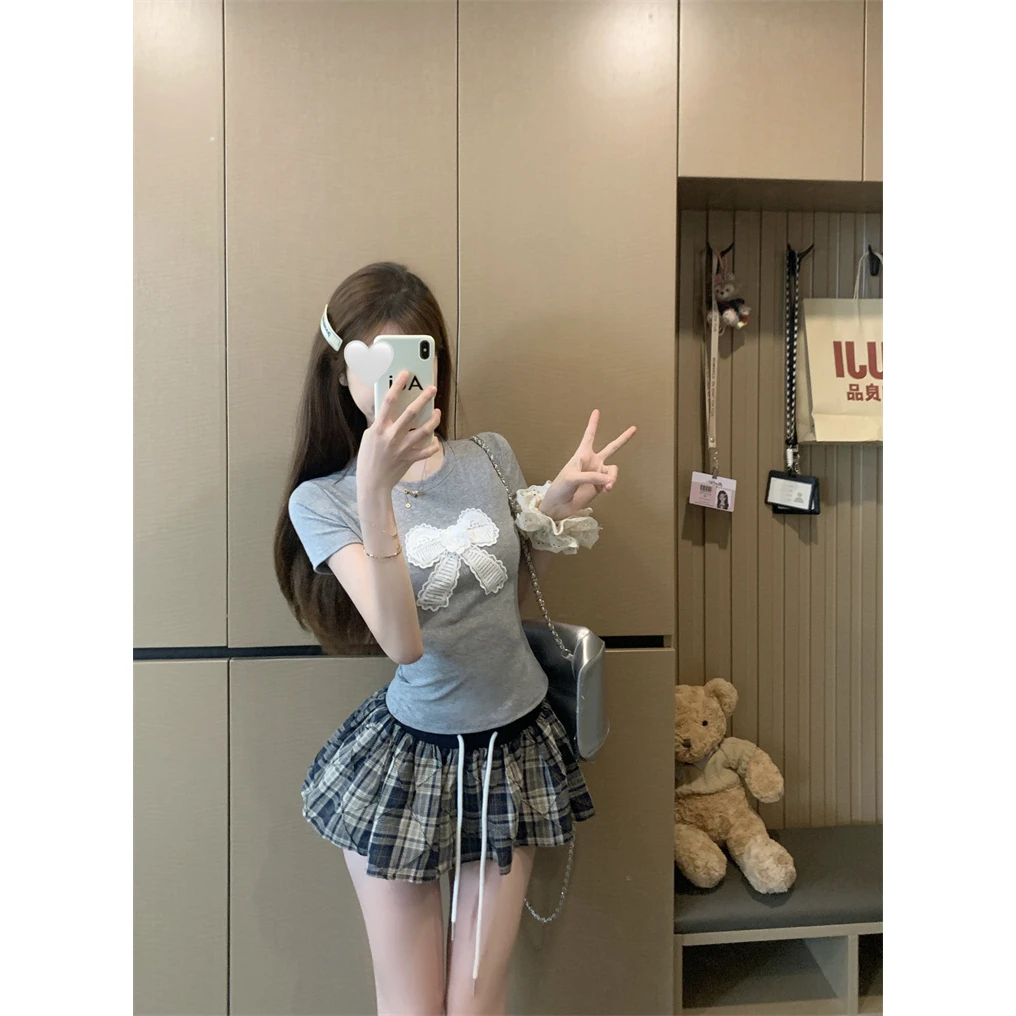 韩系甜辣风刺绣蝴蝶结正肩短袖T恤2025夏季新款显瘦百搭上衣女ins