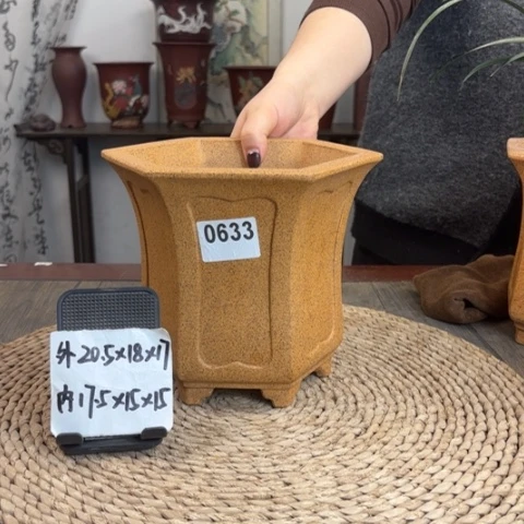 紫砂花盆柴烧内奎束腰六方0633