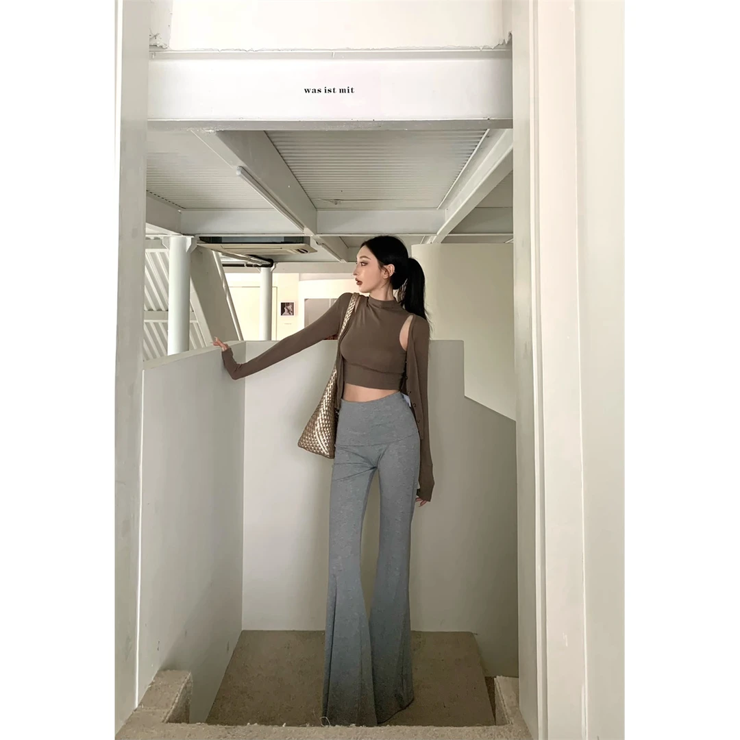 时尚复古洋气高领背心开衫套装直筒微喇叭长裤三件套#A752