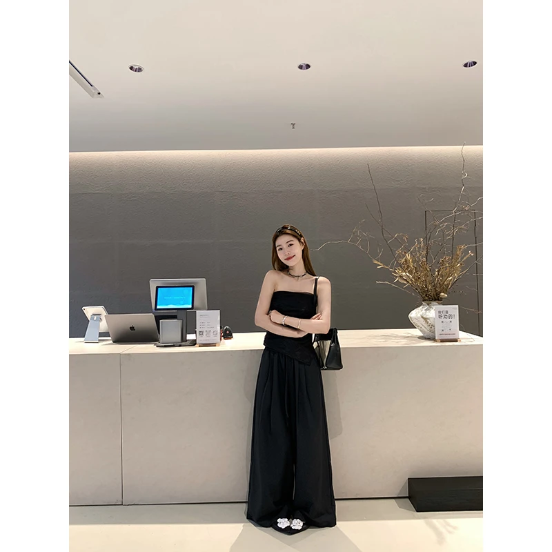 小君君布兰妮 山茶栀意/设计感薄纱抹胸上衣+垂垂裤套装250068