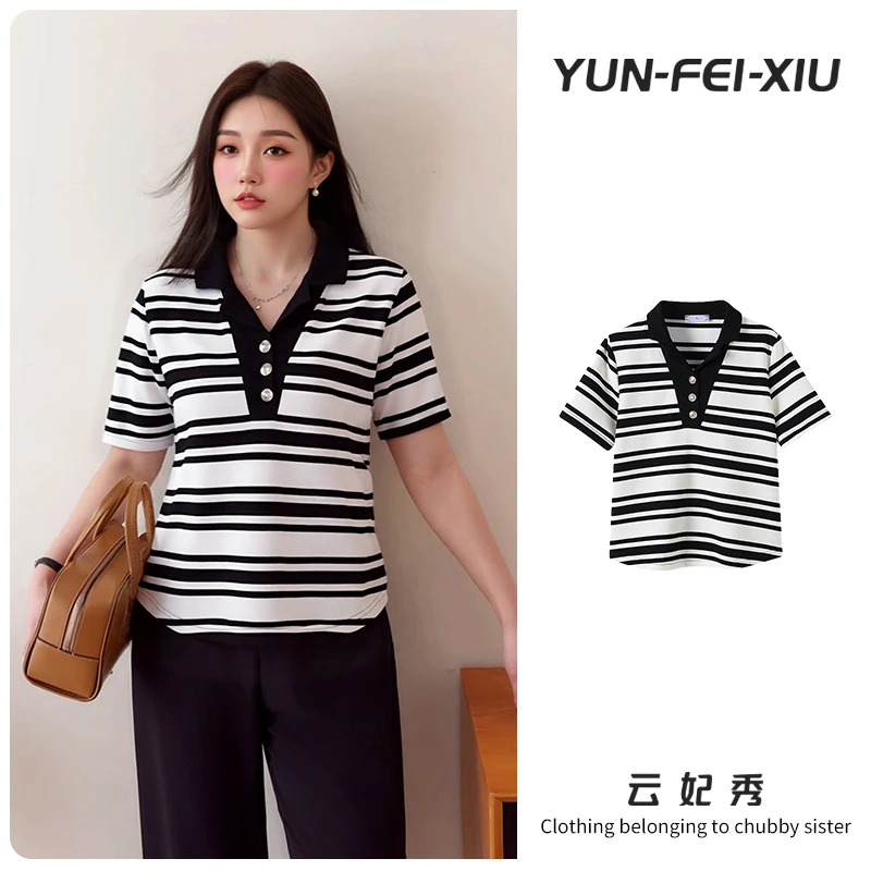 云妃秀大码女装T恤时尚休闲气质减龄微胖显瘦日常洋气上衣夏9805
