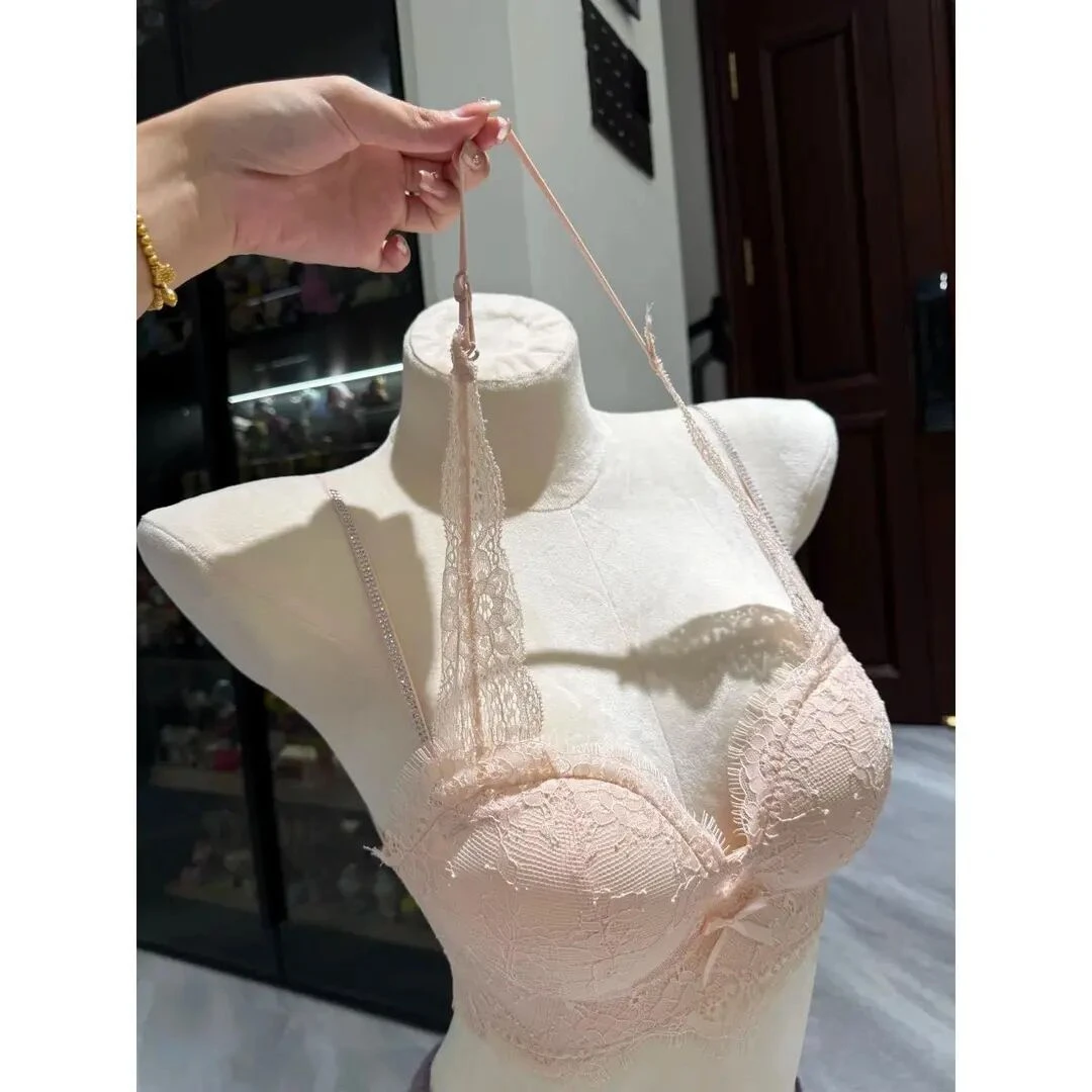 细钻法式蕾丝内衣聚拢收副乳防下垂小胸显大挂脖式舒适文胸罩