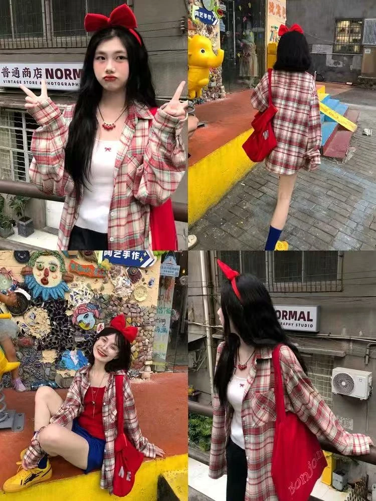 休闲格子慵懒风衬衫百搭衬衫女装长袖学院风外套复古格纹-9685