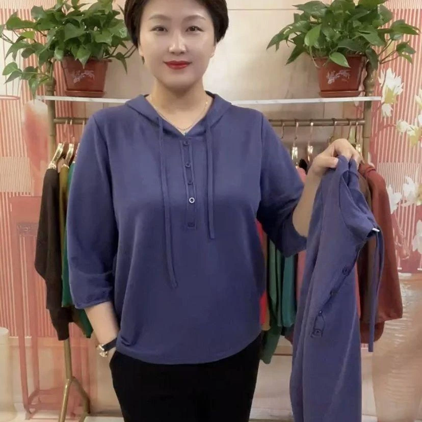洋气妈妈装弹力上衣T恤女春夏新款连帽七分袖宽松百搭休闲气质