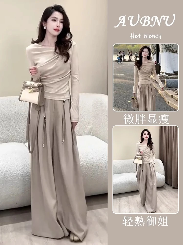 春夏季流行穿搭欧货时尚御姐修身显瘦斜肩露锁骨上衣休闲裤两件套