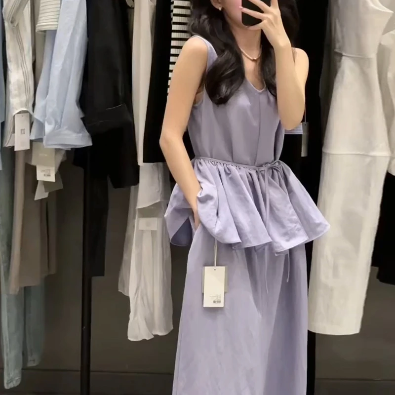 紫色无袖连衣裙子女初2025新款夏季独特漂亮大方得体套装收腰长裙