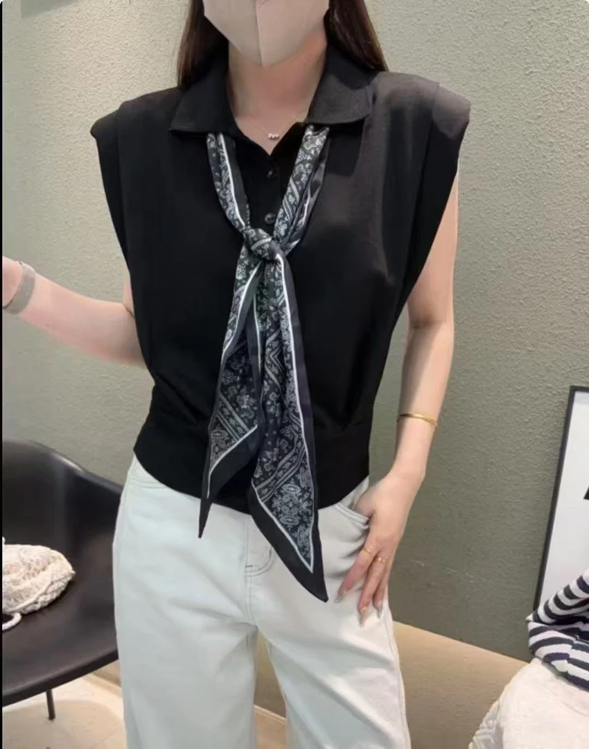 韩系Polo领配丝巾飞飞袖百搭减龄T恤女25夏新款上衣短款小衫2596