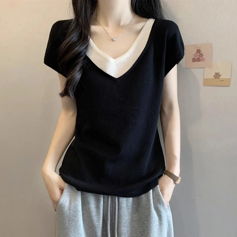 大码女装遮肚子假两件正肩T恤打底衫女夏季胖mm显瘦短袖针织上衣