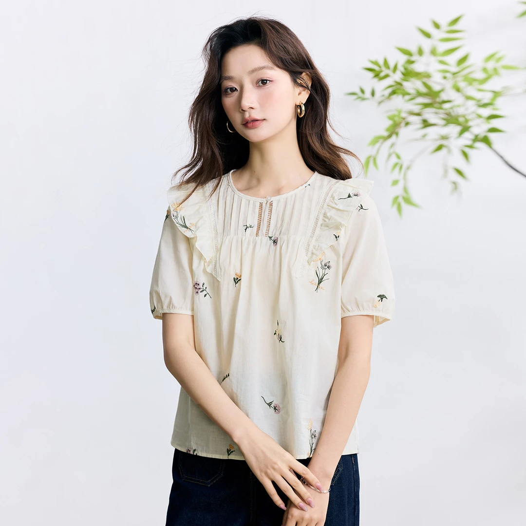 【618抢先购】茵曼夏季法式清新花朵衬衫度假风时尚气质短袖衬衣上