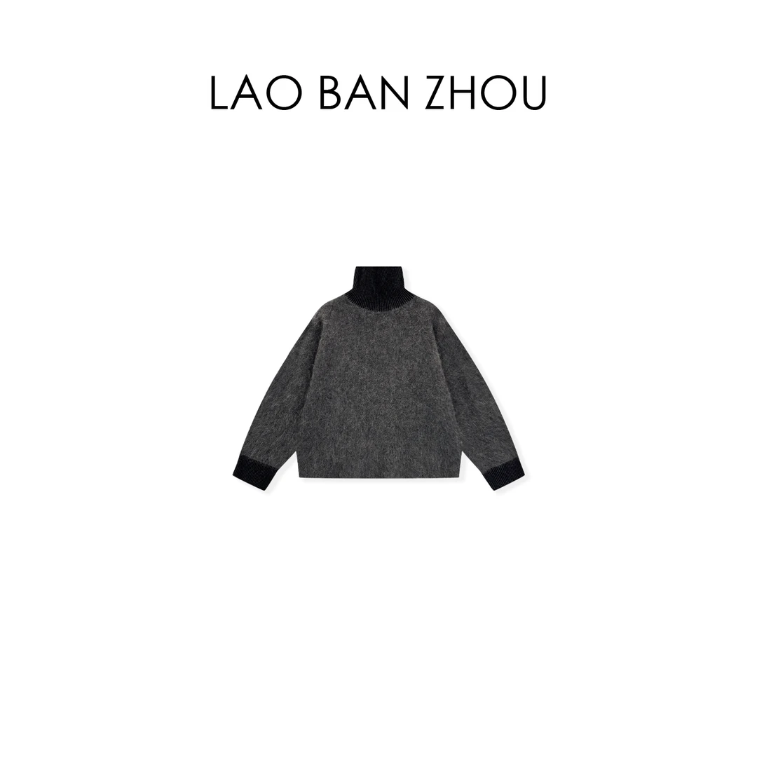 【老板周】小众极简 秋冬简约撞色高领气质百搭慵懒毛衣